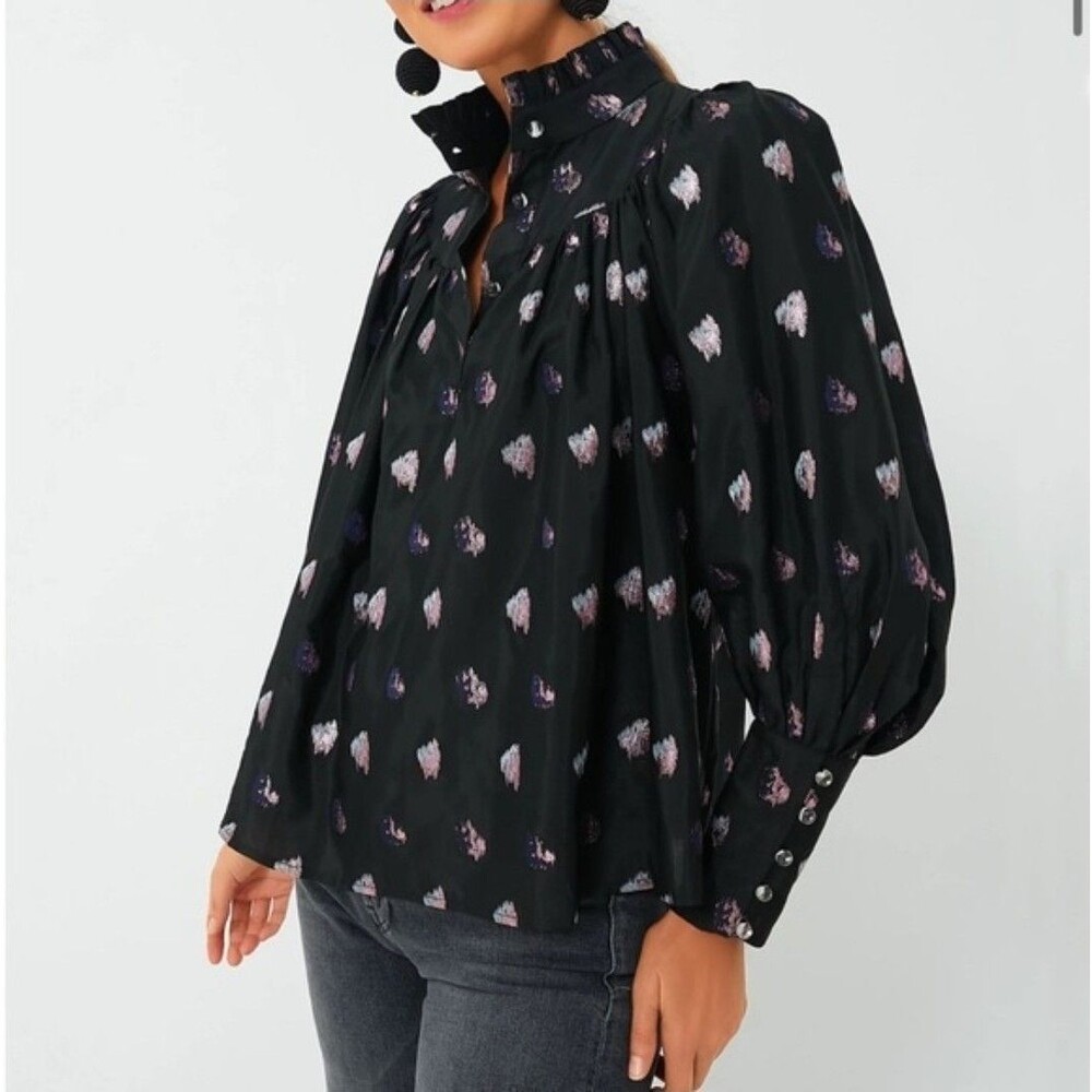 Tuckernuck Corrigan Blouse Black Pink Blurred Dot Fil Coupe size L